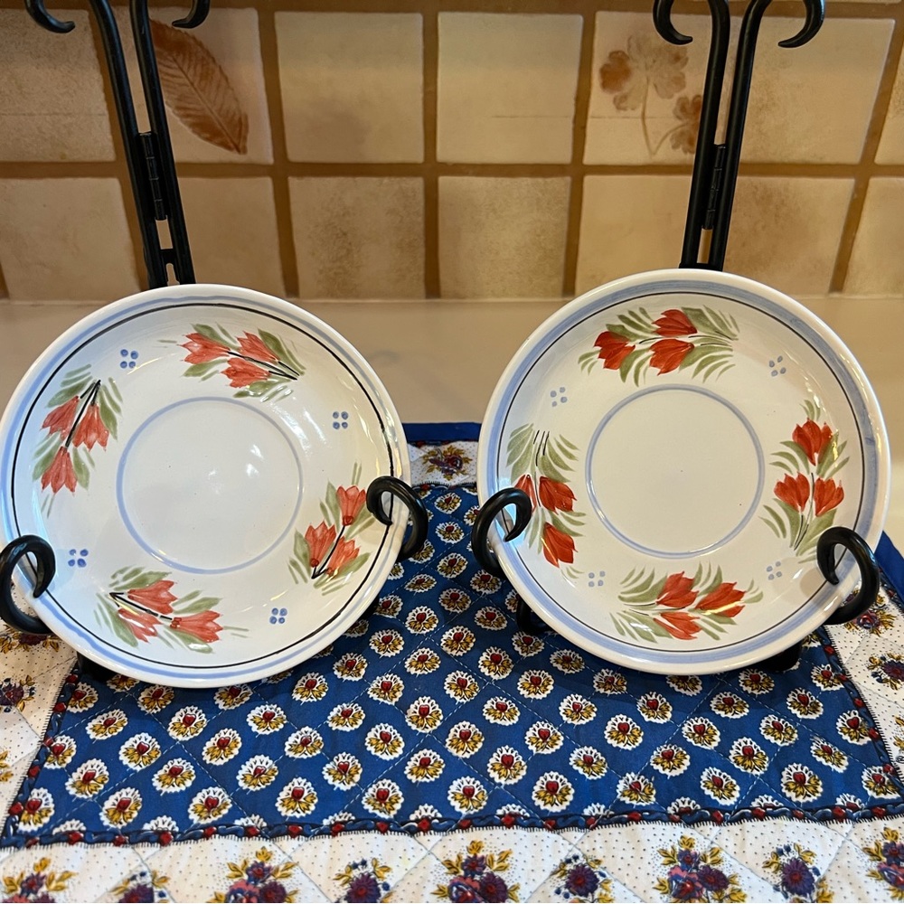 Henriot Quimper ~ Red Fleuri “ Set of 2 “ Floral  Saucers 6.5” France 🇫🇷